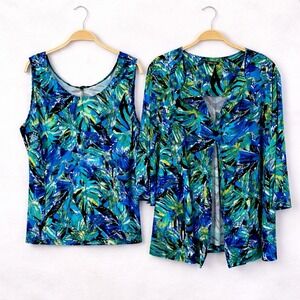 Vikki Vi Tropical Palm Print 2 Piece Tank Cardigan Set Womens 3X Blue Green USA